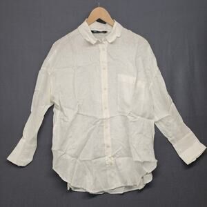 Zara Top Womens Small White 100% Linen Long Sleeve Button Up Pocket Minimalist